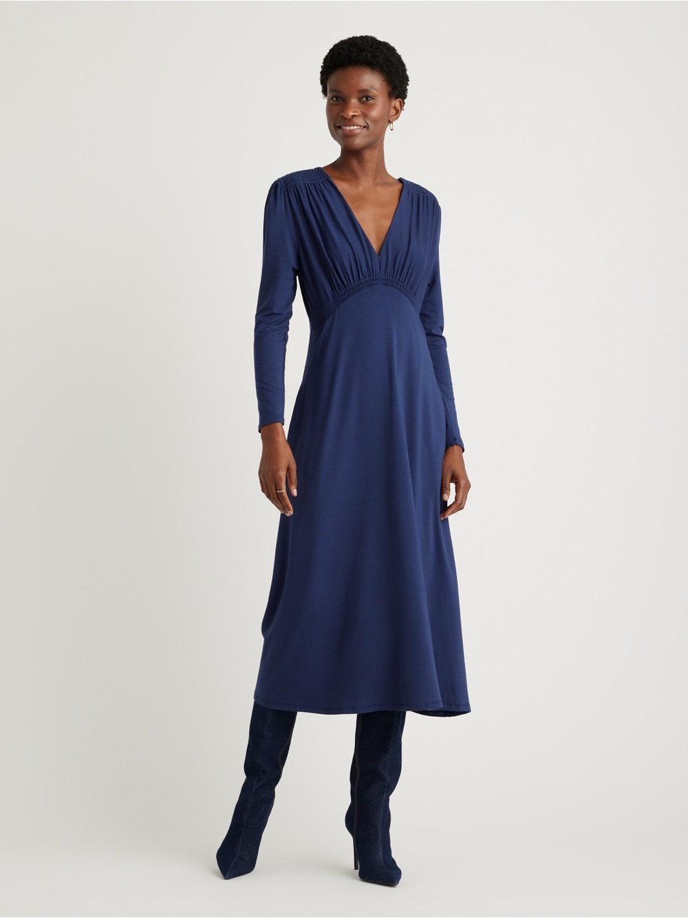 Quince Tencel Jersey V-Neck Long Sleeve Midi Dress navy blue size large